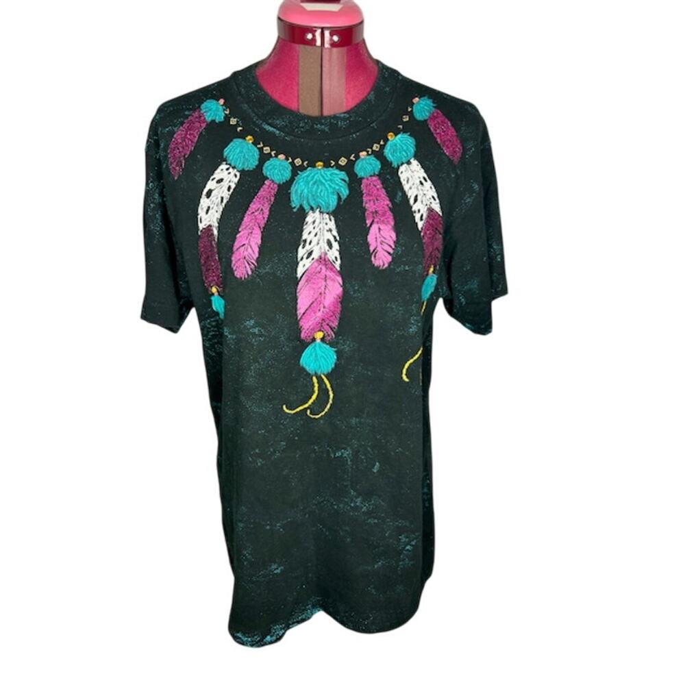 T shirt vintage 1980s western feathers graphic tshirt teal purple spatter paint